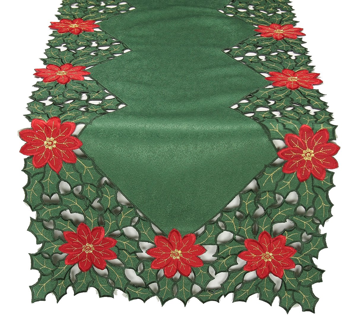 Xia Home Fashions Holly Leaf Poinsettia Embroidered Cutwork Christmas Table Runner, 15-Inch by 72-Inch