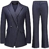 Lamgool Women's Pinstrip Suit Gold Lines 2 Pieces Slim Fit Business Blazer Flared Pants Set for Work
