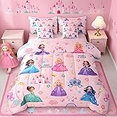 jejeloiu Kids 7 Piece Princess Bedding Set Full Size Pink Castle Bed Set Includes Comforter, Sheet Set, Pillowcases & Pillow Covers Bedroom Decor Fairy Dreamy Bed in a Bag Breathable Soft