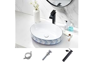 19 Inch Bathroom Vessel Sink with Faucet and Drain Combo - HLBLFY 19x15 Inch Blue Diamond Grid Pattern Ceramic Bathroom Basin With Faucet Ceramic Vessel Sink