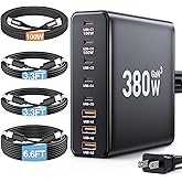 380W USB C Charger Block,with 4 USB Cables 8-Port USB C Charging Station Dual 100W Laptop Charger Fast Charger Type C Charging Block for MacBook Pro, Dell XPS, iPhone, iPad, Tablet (Bright Black)