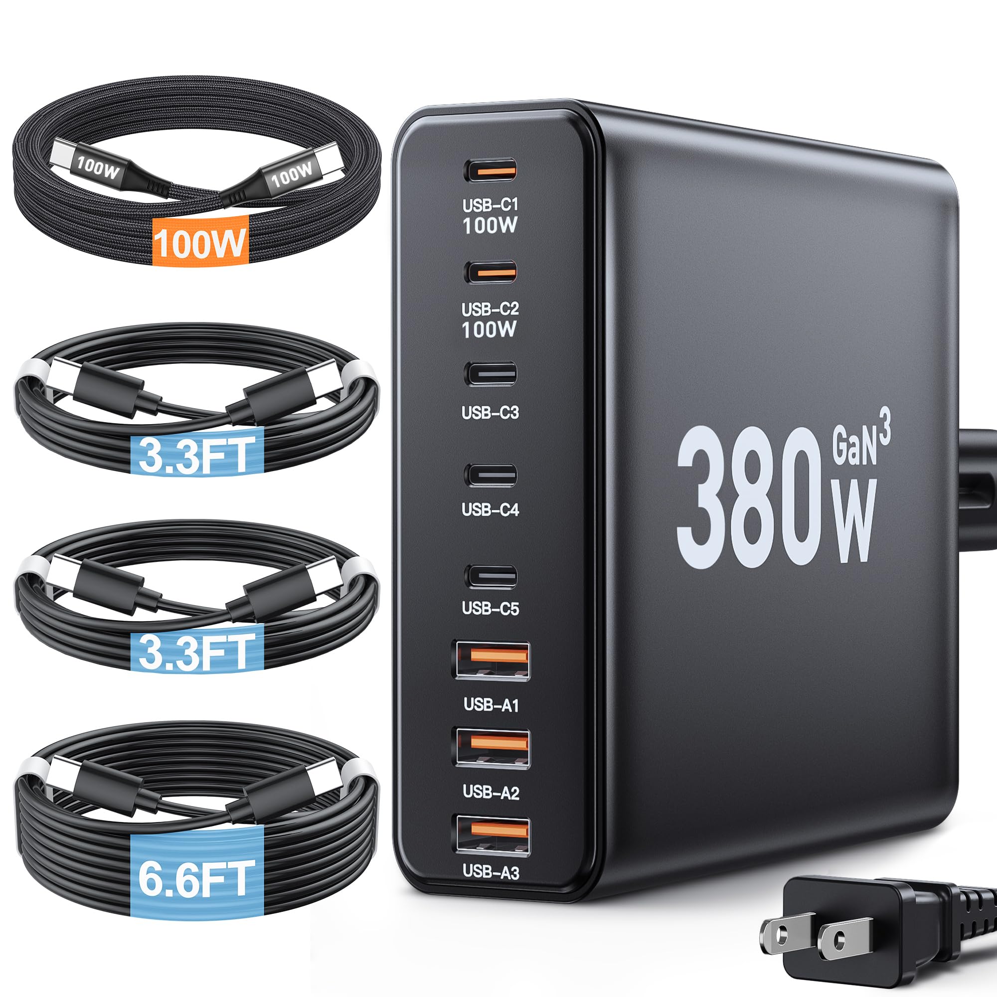 380W USB C Charger Block,with 4 USB Cables 8-Port USB C Charging Station Dual 100W Laptop Charger Fast Charger Type C Charging Block for MacBook Pro, Dell XPS, iPhone, iPad, Tablet (Bright Black) Image