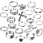 PANTIDE Vintage Punk Rings Set Gothic Knuckle Midi Rings Adjustable Alloy Chain Belt Cross Stackable Finger Half Open Rings Fashion Joint Jewelry for Women Men (Silver) 22Pcs