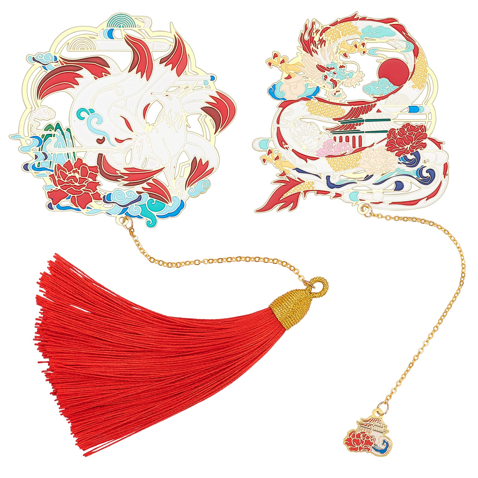GORGECRAFT 2Pcs Vintage Metal Bookmark Chinese Style Dragon Fox Design Pendant Bookmarks with Tassels for Readers Bosom Friend Family
