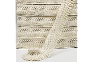 VOOMOLOVE 10 Yard 40mm/1.57 Inch Beige Vintage Knotted Cotton Fringe Tassels Trim, Boho Long Fringe Trim, Sewing Fringe Trim for Drapery Curtain Pillow Carpet Lamp Crafts (Beige-40mm)