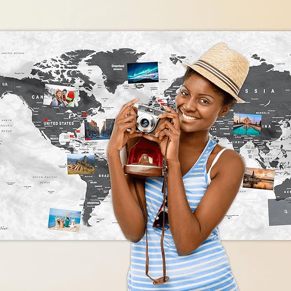 WORLD MAP XXL 51 X 28 INCHES IN ‘ERROR BLUE’, FLEECE WALL HANGING AS TRAVEL PIN BOARD IN MODERN WALL ART DESIGN, 20 FLAG PUSH PINS INCLUDED