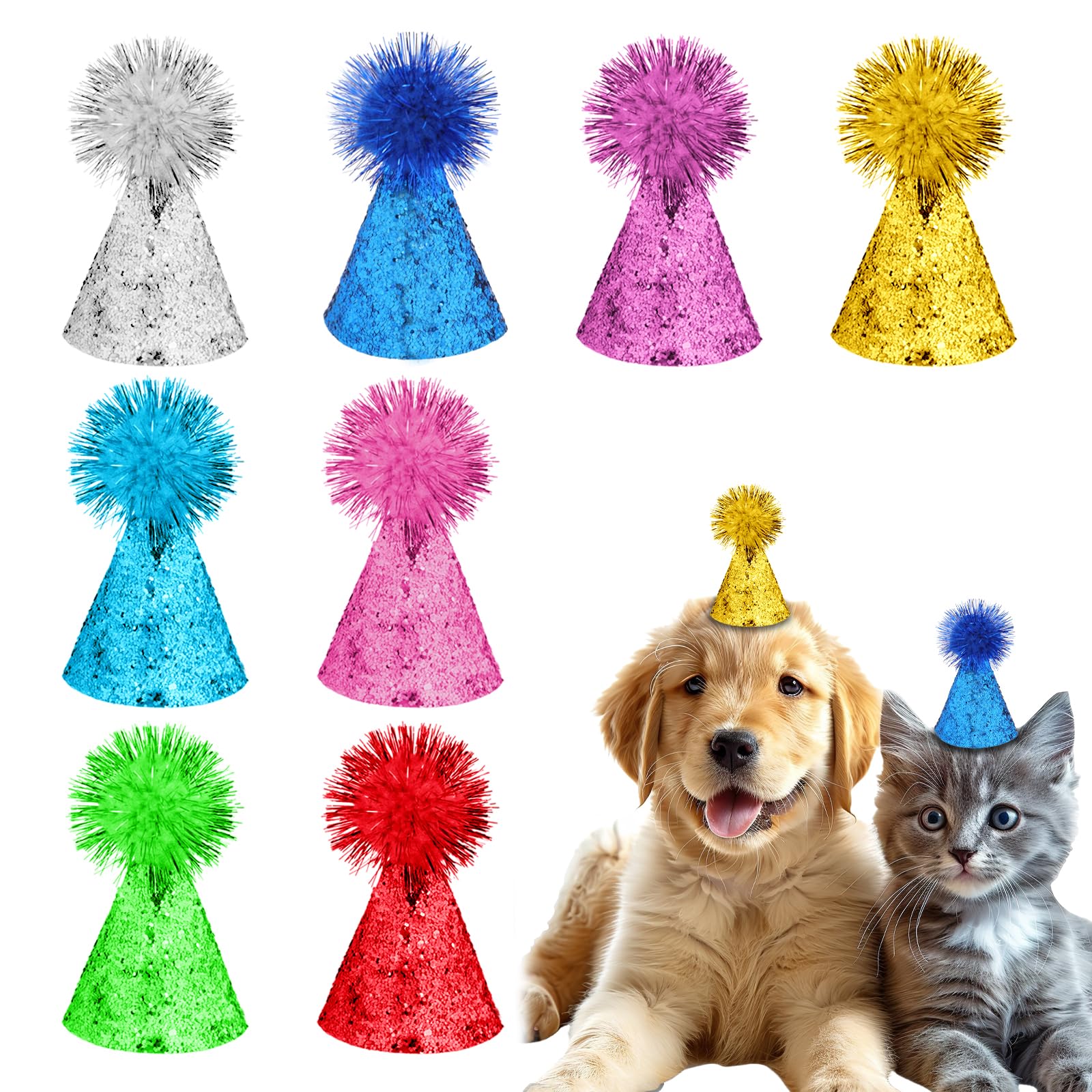 Photo 1 of 8 Pcs Dog Party Hat, Cute Sequins Small Party Hats Adjustable Mini Glitter Cat Birthday Hat Small Multicolor Sparkle Pet Hats with Pompoms for Boys Girls Puppy Cat Stuffed Animals Parties Decor