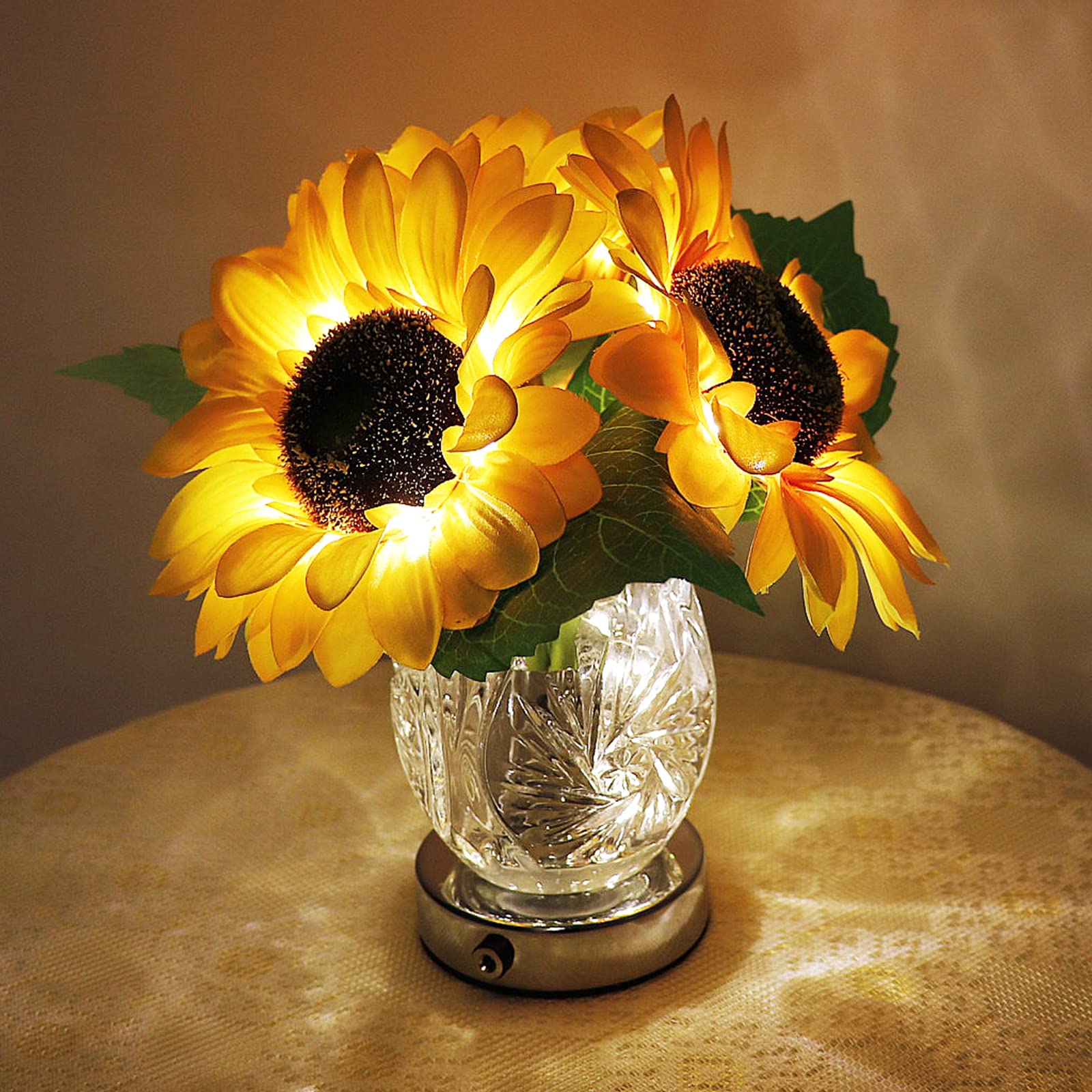 Sunflower USB Rechargeable Touch Stepless Dimming lamp, LED Artificial Plants Flower with Vase Night Light, Glass Vase lamp for Room Home Festival Decor