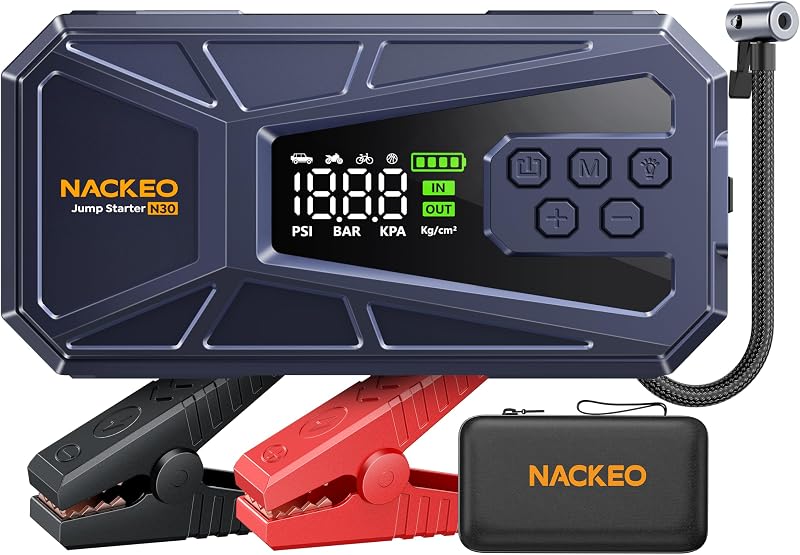 Booster Avviamento Auto, 8000A Avviatore Batteria Auto con Compressore 160PSI(Fino 12.0L Diesel/ALL Gas), Starter Batteria Auto Al Litio 12V, Avviatore Emergenza Per Auto con Torcia a LED, LCD