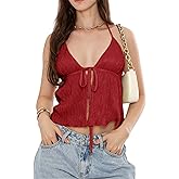 Women Halter Tie Front Tank Tops Y2k Split Flowy Cami Shirt Backless Sexy Going Out Crop Tops