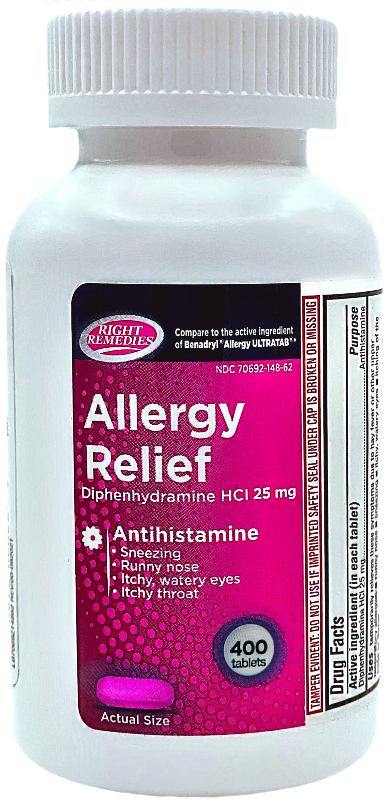 Allergy Relief Antihistamine, Diphenhydramine HCl 25mg, Generic Benadryl Ultratabs, Relieves Seasonal Indoor or Outdoor Upper Respiratory Allergies, 400 Count