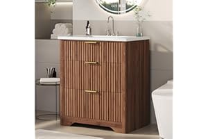 Garvee Fluted Bathroom Vanity with Sink, Farmhouse Freestanding Bathroom Sink Cabinet with 2 Drawers & 1 Flip-Down Drawer, Ea