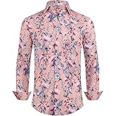 Aiertop Men's Hawaiian Long Sleeve Dress Tropical Floral Printed Pattern Casual Button Down Wrinkle Free Shirts with Pocket