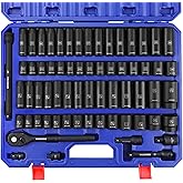 WORKPRO 1/2” Drive Impact Socket Set, 65PCS SAE(3/8”-1-1/4”) and Metric(10-24mm) Deep & Shallow Kit, Ratchet Handle, Extension Bar, Impact Universal Joint and Adapters for Automotive Repair