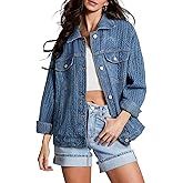Sidefeel Women's Jean Jacket Oversized Boyfriend Button Up Long Sleeve Textured Denim Jackets
