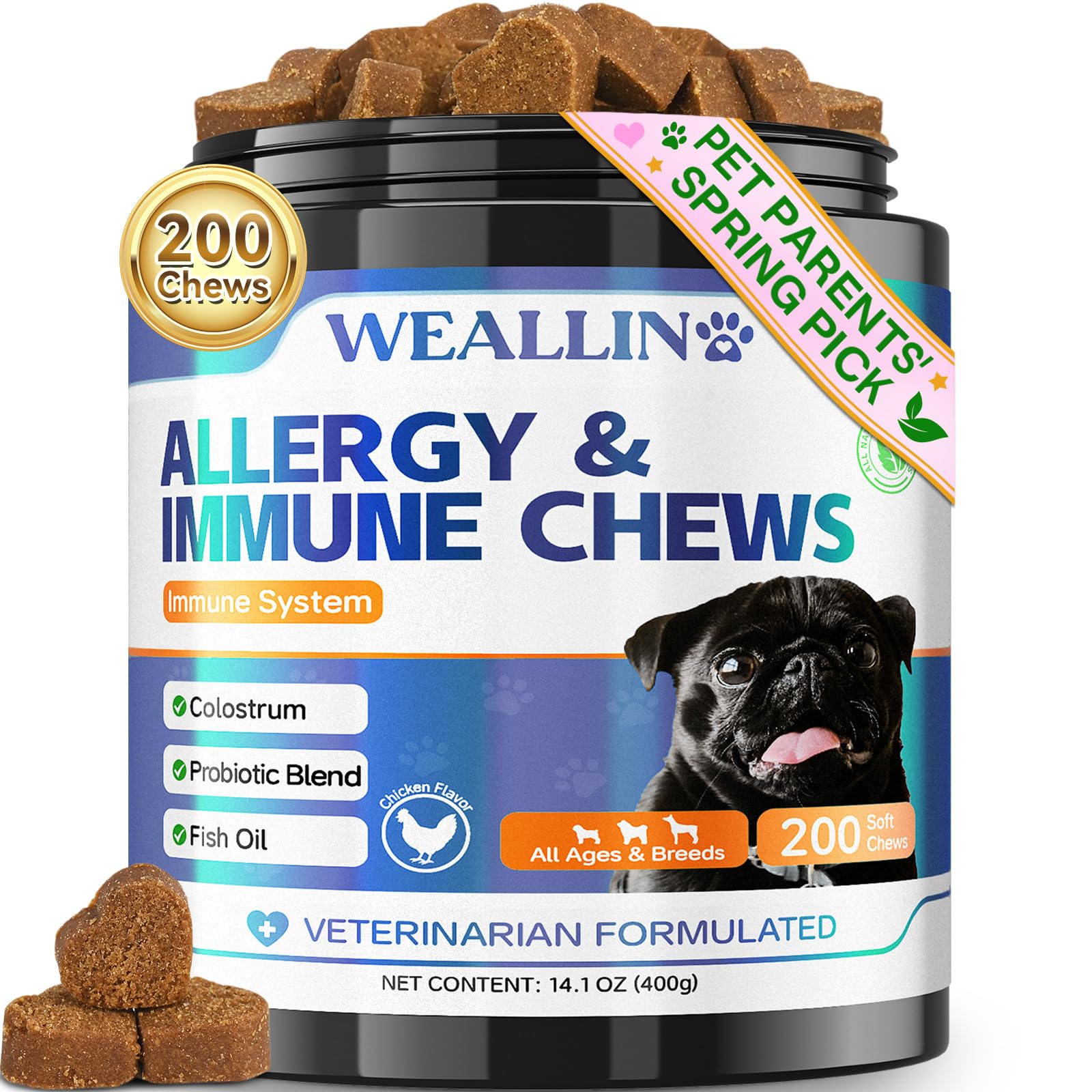 WEALLIN Itch & Allergy Immunity Treats for Dogs, 200 Count Itchy Dog Skin Relief Anti-itch Chews for Skin, Coat, Paws, Seasonal Allergy Relief, Stops Itching & Licking, Hot Spot Relief, Chicken Flavor
