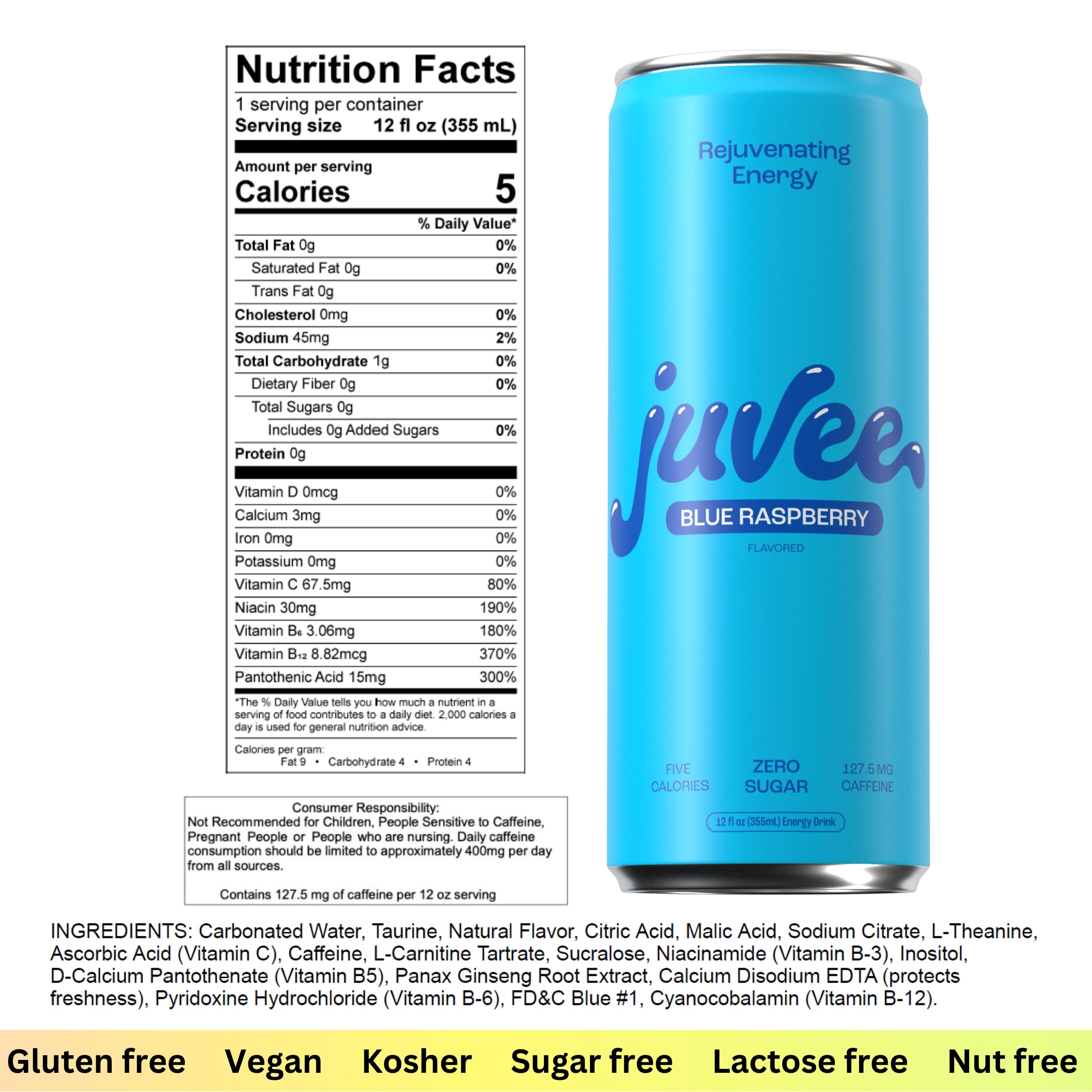 Juvee Rejuvenating Energy Drink Variety Pack – 12 oz Cans, Pack of 12 – Sugar Free, 128 mg Natural Caffeine per Can, Zero Sugar, Low Calorie, Clean Energy & Mental Focus Booster