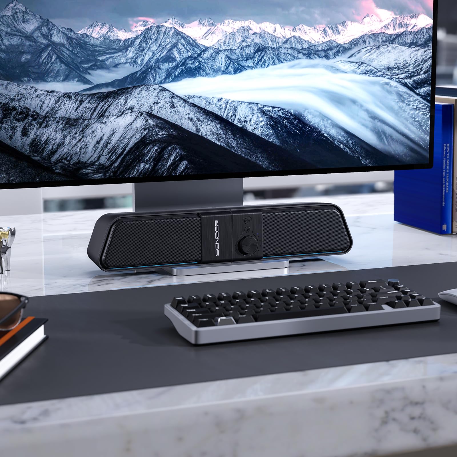 SENZER CS20 Computer Speakers, Pc Speakers with Stereo Sound Flowing LED & Volume Knob，Gaming SoundBar Speaker for Laptop Desktop Monitor(USB & Bluetooth)