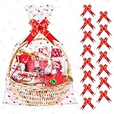 Valentines Gift Bags for Basket, 20x28 Inch Large Clear Basket Bags, 15 PCS Valentine's Day Cellophane Wrap with 15 PCS Pull Bows, Plastic Cellophane Bags for Valentine Baskets Holidays Gift Wrapping