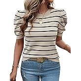 Ferrendo Women's Puff Short Sleeve Striped Tops Crewneck Knit T Shirts 2026 Trendy Spring Summer Fitted Tees