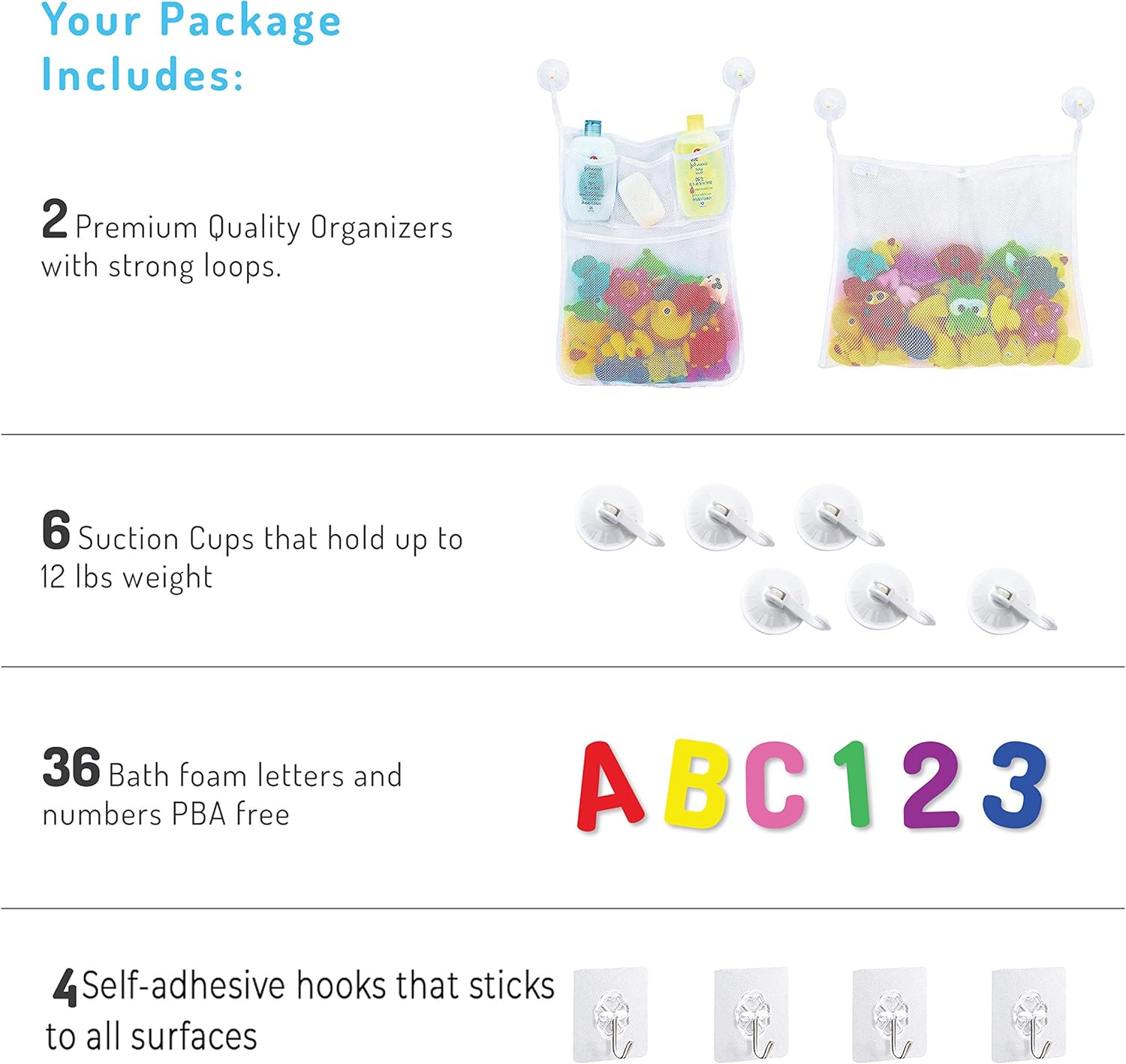 Comfylife 2 x Mesh Bath Toy Organizer + 6 Ultra Strong Hooks + 36 Bath Letters & Numbers – Eco-Safe, Fun, Educational Foam Baby Bath Letters and Perfect Toy Storage Net for Baby Bath Toys & More: Home & Kitchen