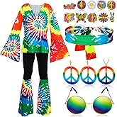 Jiuguva 17Pcs 60s 70s Outfits for Women Hippie Costume Set Disco Outfit Dress Boho Flared Pants Hippie Shirt Headband