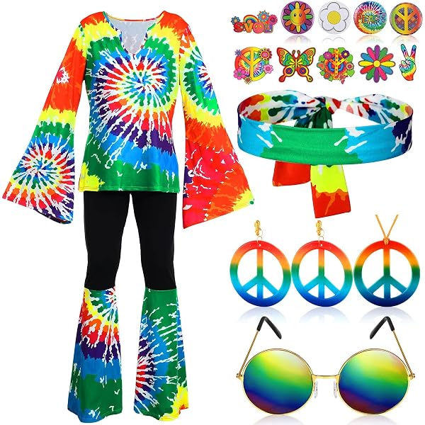 Set De 6 Piezas Disfraz Hippie Para Mujer – Vestido Con Flecos, Gafas Vintage, Aretes, Collar, Diadema Y Calentadores – Estilo Años 60-70 – Ideal Para Fiestas Y Carnaval