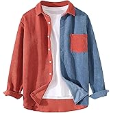 UANEO Mens Shacket Patchwork Long Sleeve Button Down Corduroy Shirts for Men