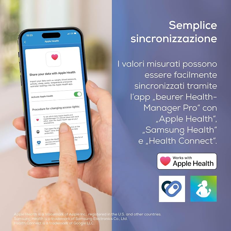 BM 48 Misuratore di pressione da braccio, funzionamento semplice con un pulsante, misurazione delicata e veloce, rilevamento aritmia, polsino 22-42 cm, con app, trasferimento dati Apple Health