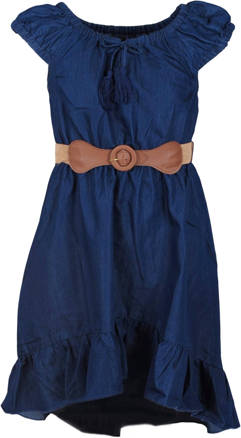 dollhouse Girls’ Dress –Belted Cap Sleeve Boho Denim Peasant Dress: Clothing