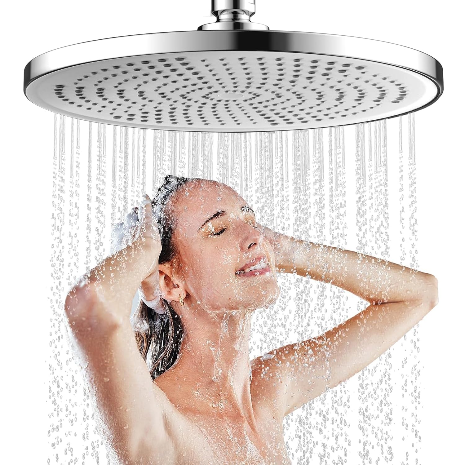 Rainfall Shower Heads 10 Inch, Fixed Shower Head Adjustable, Round Powerful High Pressure Overhead Shower Head with self-Cleaning Mechanism, Bathroom Rainhead Overhead (Silver)