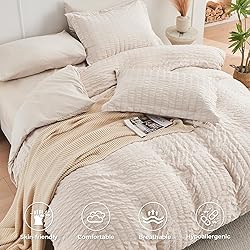 HYMOKEGE Beige Twin Comforter Set Seersucker 5
