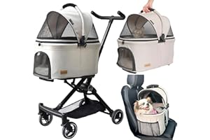 ROODO 2025 New 3 in 1 Dog Cat Stroller with Detachable Carrier&Car Seat Combo Best Lightweight Folding Portable All Terrain Pet Travel System Puppy Kitty Doggie Bunny Stroller for 30lbs(Light Khaki)