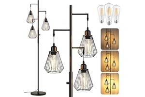 QiMH Industrial Floor Lamps for Living Room, Tree Standing Lamp with Stepless Dimmable, 68" Modern Tall Stand up Lamps for Bedroom Study Office, E26 Socket, 3 LED Bulb Included, Black