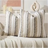 Zealax Modern Farmhouse Decorative Pillow Covers 18x18 Inch Boho Throw Pillows Neutral Soft Chenille Couch Cushion Covers, Set of 2 Velvet Striped Accent Pillows Cases for Sofa Bed Living Room, Beige