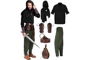 MEISTUIK 6 Pcs Men's Renaissance Viking Costume Medieval Pirate Shirt Pant Accessories Set for Halloween