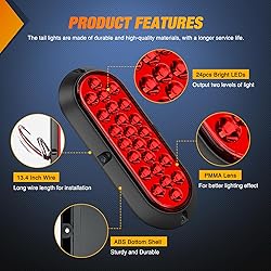 Nilight 6Inch Oval Tail Light 2PCS Red 24LED