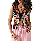 GORGLITTER Women's Crochet Boho Embroidered Vest Tops Floral Sleeveless Button Up Knit Tank Top Western Cowgirl Outfits