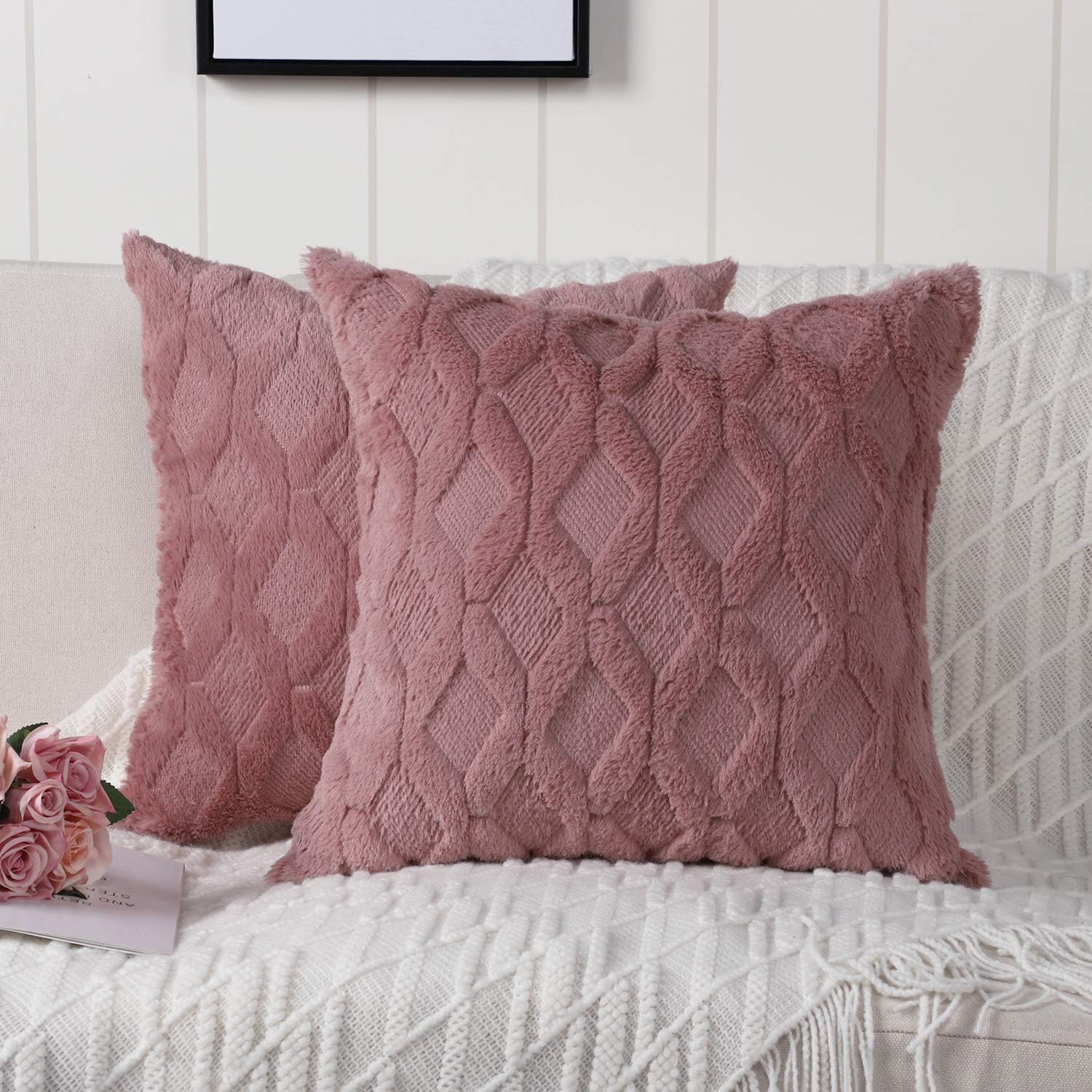 Madizz Pack of 2 Soft Plush Short Wool Velvet Decorative Throw Pillow Covers Luxury Style Cushion Case European Pillow Shell for Sofa Bedroom Square Pink 24x24 inch