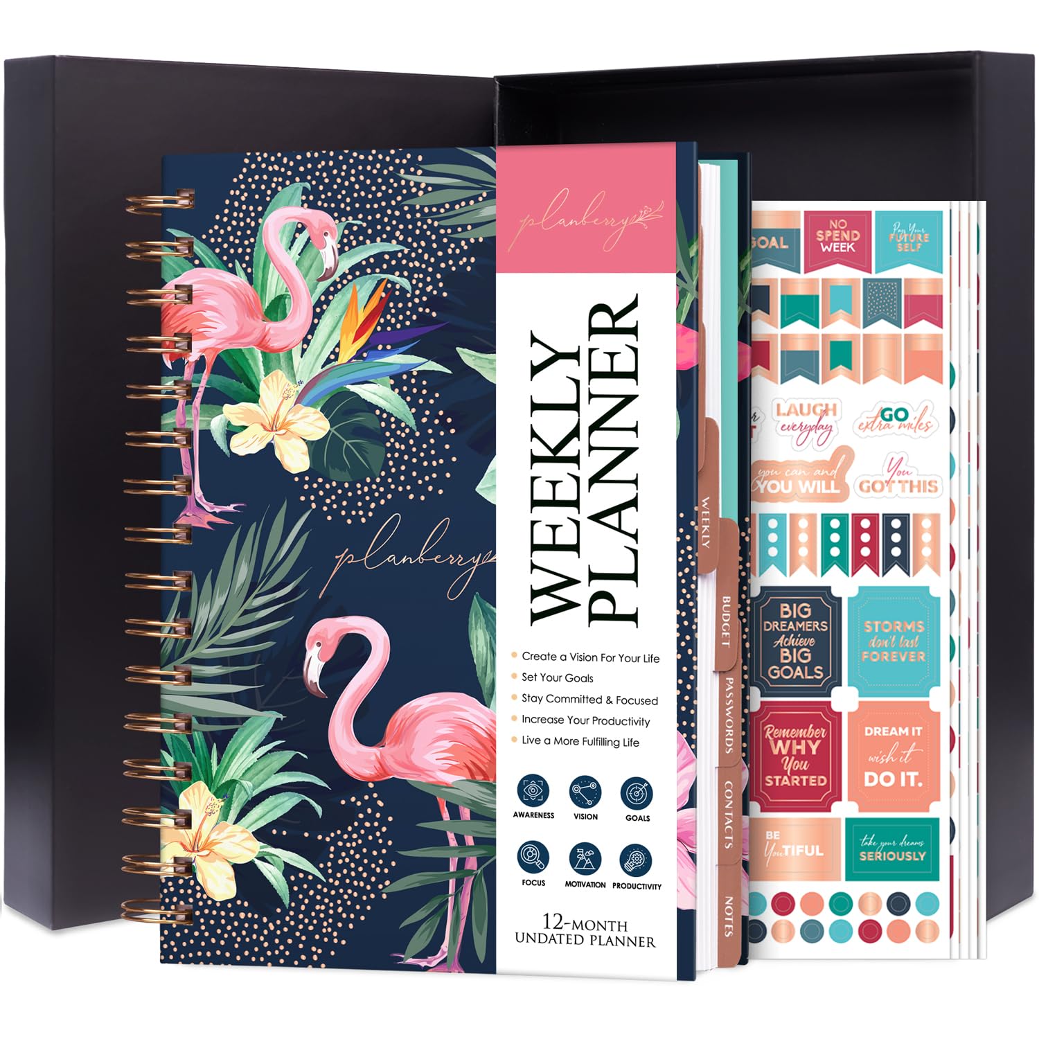 PLANBERRY Weekly Planner – Elegant Life & Budget Planner to Hit Your Goals & Live Happier – Organizer & Productivity Journal – 17.5 x 21.5cm Hardcover, Undated + Stickers (Rose Flamingo) — image 1