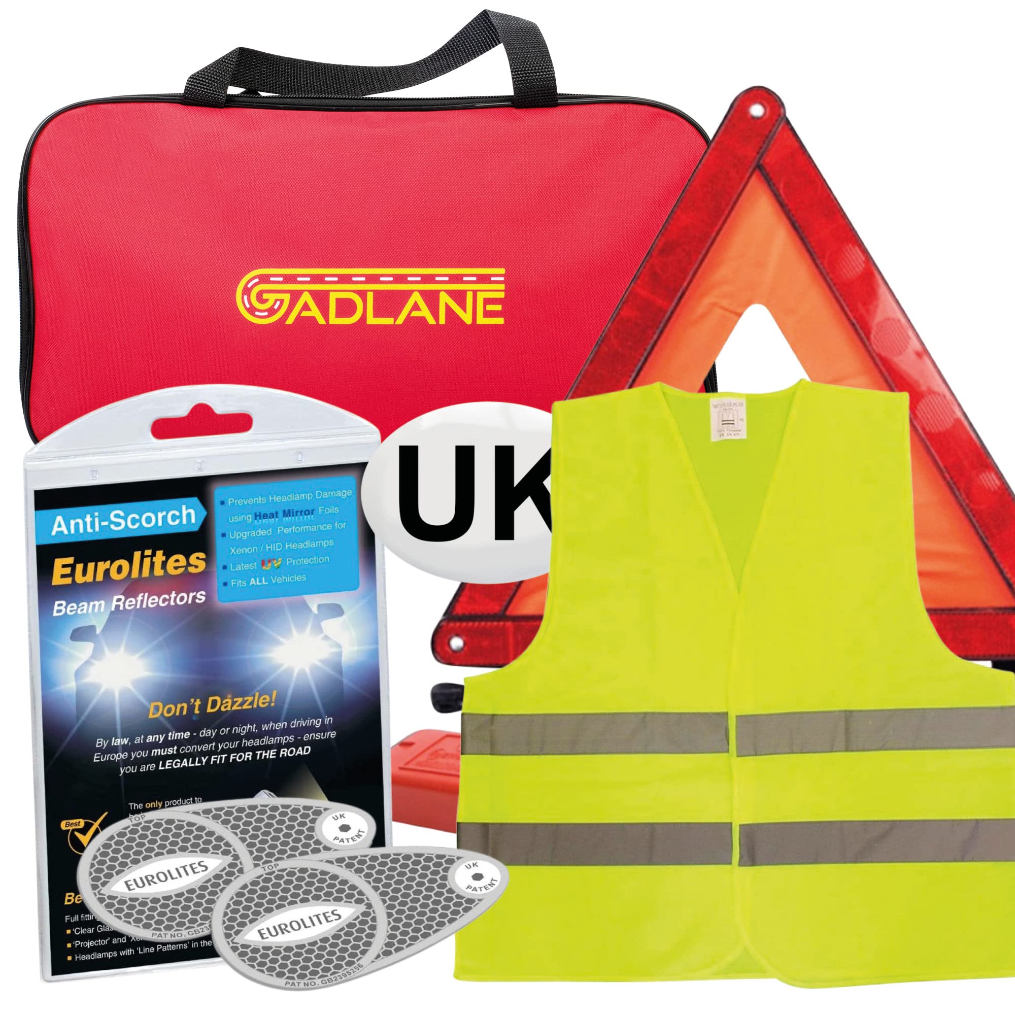 GADLANE 4 Piece Car Travel European Driving Kit - Eurolites Headlamp Beam Deflectors Converters, Warning Triangle, High Visibility Vest & UK Plate - Europe & France Driving Kit 2025