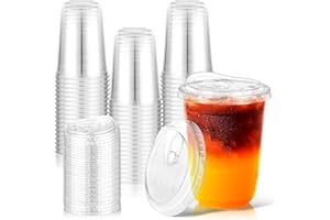 50 Pack 16oz Clear Plastic Cups with Sip Lids, Disposable Iced Coffee Cup with Strawless Lid for Party Wedding Catering Event