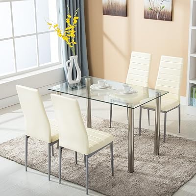 Mecor 5 Piece Dining Table Set Glass Top with 4 PU Leather Chairs