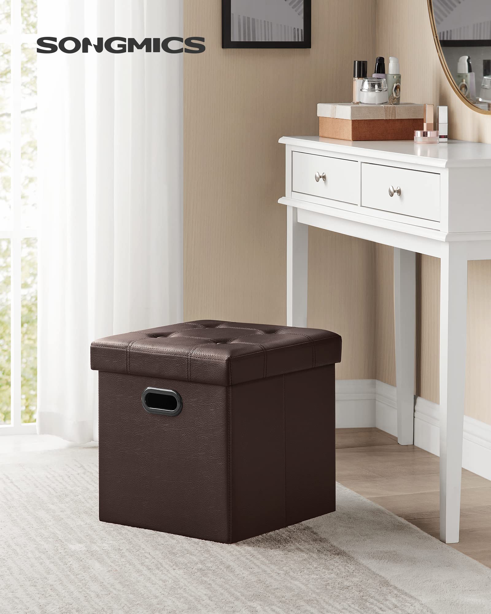 SONGMICS 15 Inches Ottoman with Storage, Footstool, Storage Ottoman with Metal Grommet Handles, Synthetic Leather, 660 lb Load Capacity, for Dorm Room, Living Room, Bedroom, Brown ULSF30Z