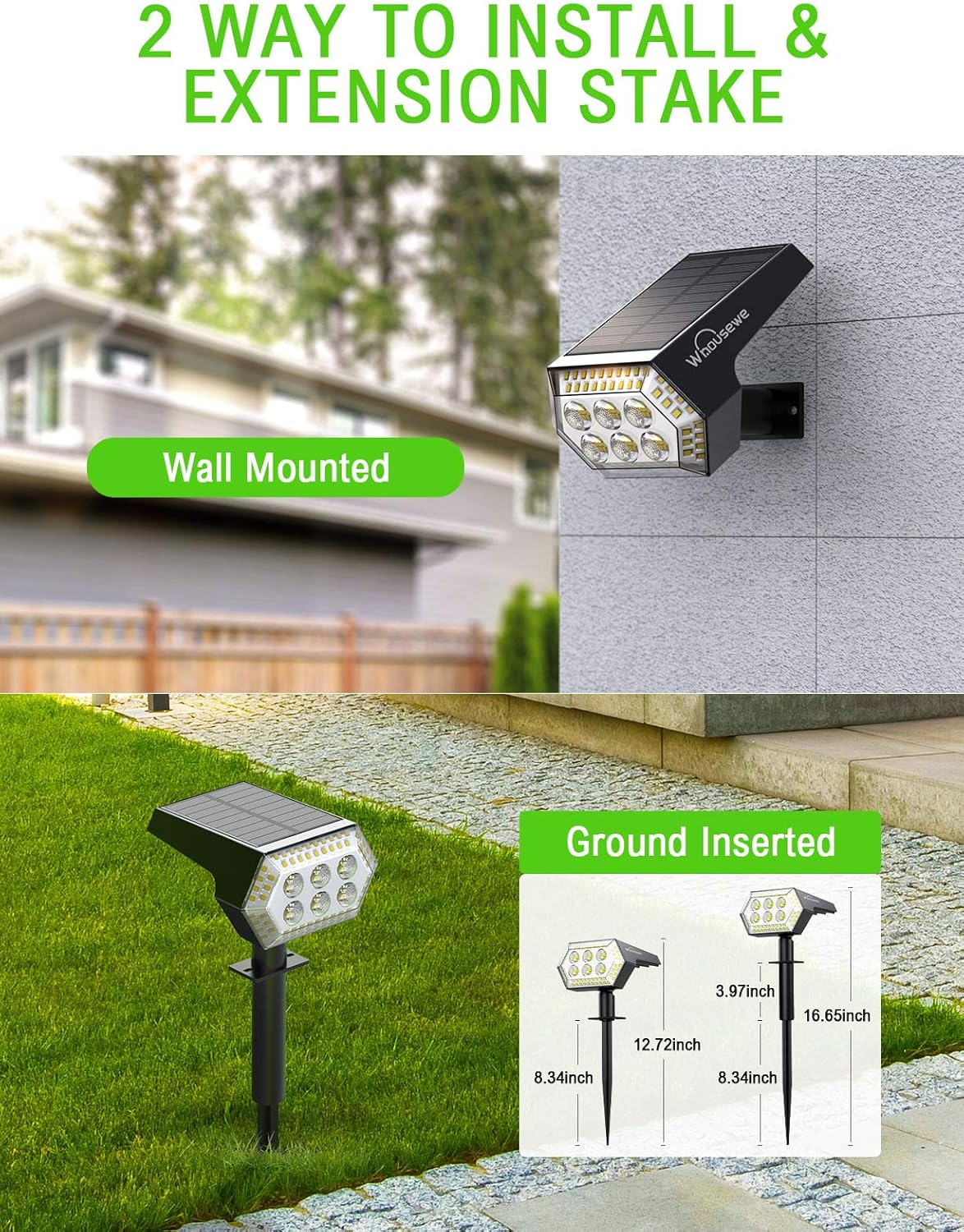 Solar Landscape Spotlights, Whousewe 108 LEDs Solar Spot Lights Outdoor with 4 Bright Modes, Wall & Ground Mounted, IP65 Waterproof, Cold White, 2 Pack - - 