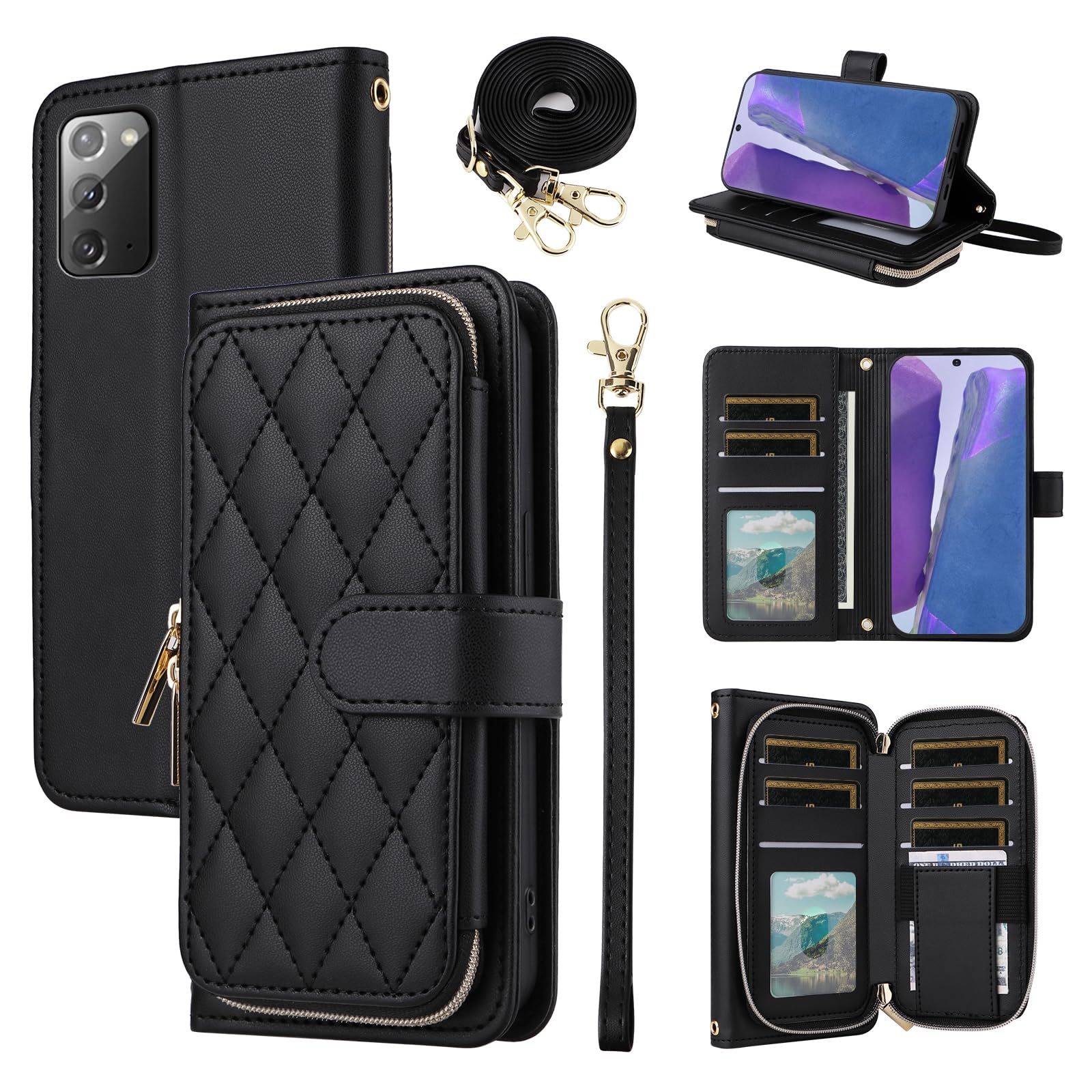 Furiet Wallet Case for Samsung Galaxy Note 20 5G with Detachable Wrist Strap, 9+ Card Slots Zipper Purse, Luxury PU Leather Stand Full Body Phone Cover for Note20 Notes 20s Twenty Not S20 Women Black