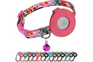 BUDKAS Airtag Cat Collar with Bell - Non Breakaway Soft Pet Collar with Leather Air Tag Holder - Adjustable GPS Anti-Lost Collars for Girl Boy Cats Kitten Puppies, Lightweight and Patterned (Japanese)