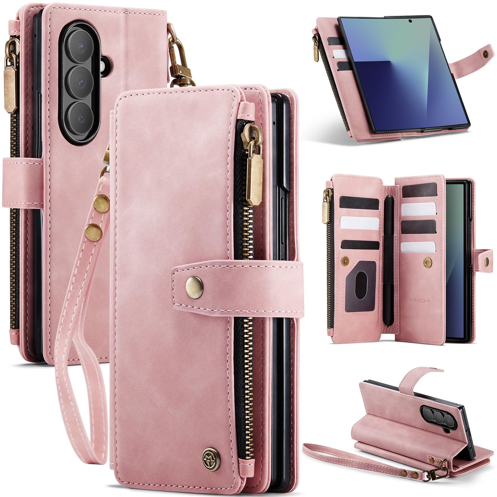 Photo 1 of Vinich for Samsung Galaxy Z Fold 7 Wallet Case with Card Holder, Detachable Strap RFID Blocking Credit Slots Kickstand Shockproof Phone Cover for Women Men, Rose Pink