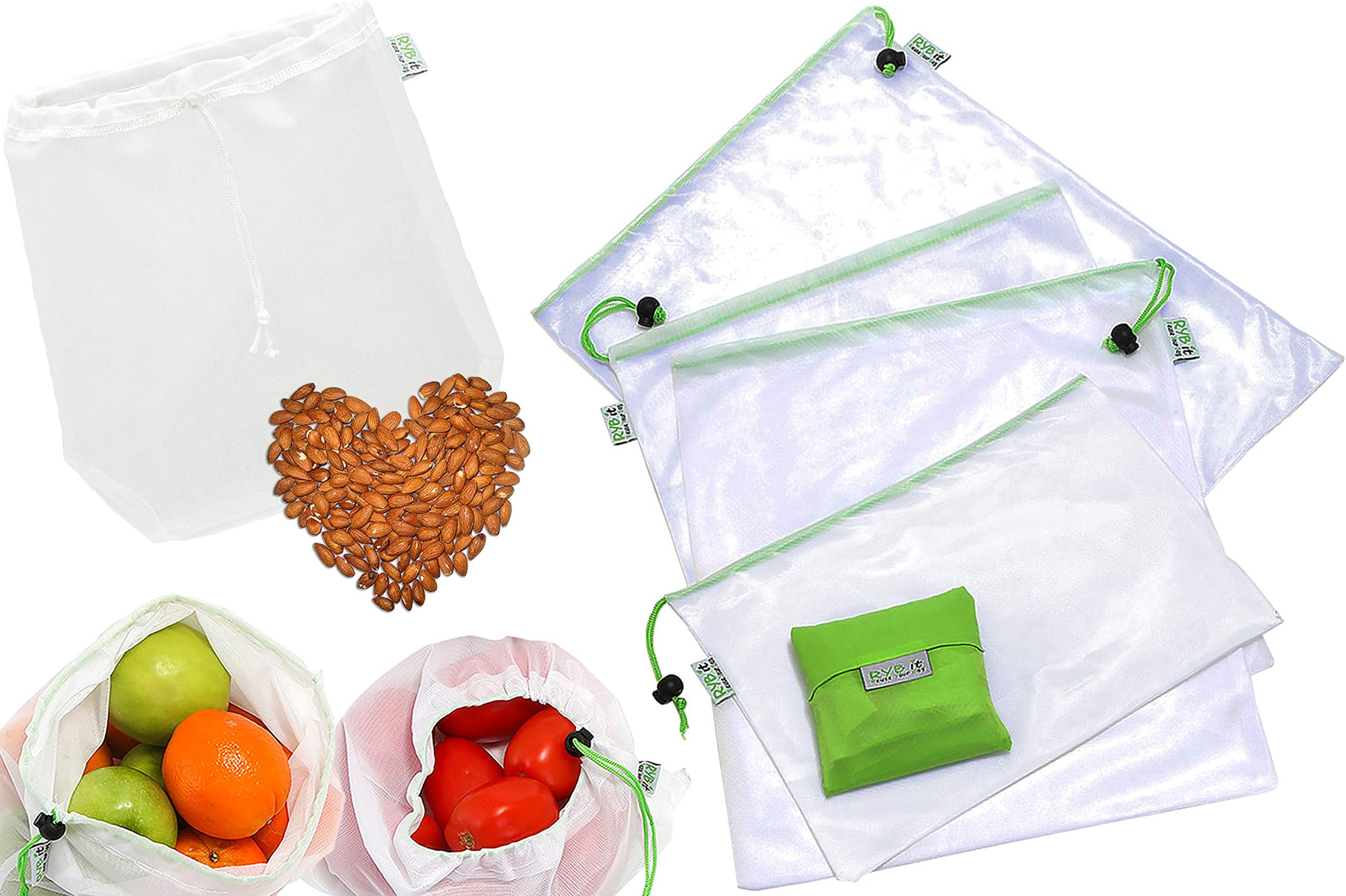 RYBit Premium Reusable Produce Bags Set of 11, 1 Nut Milk Bag, 1 Foldable Shopping Bag, Storage Of Fruits Vegetable Toys Crafts, Reusable Snack Bags, Fine Food Strainer Cheese Cloth