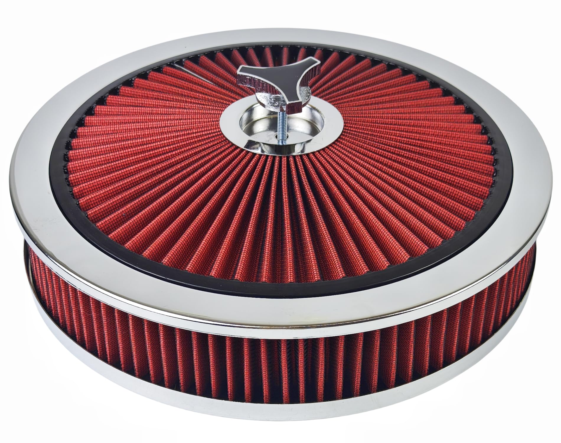 Photo 1 of 14" x 3" Round High Flow Washable Air Cleaner Filter Assembly w/Chrome Flow-Thru Lid & 5-1/8" Carb Neck - Universal Fit for Chevrolet, GMC, Ford (Red)